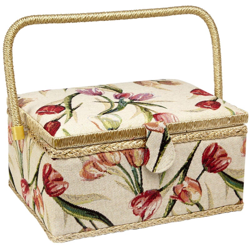 Adolfo Design Sewing Basket with Tulip Floral Print Design- Sewing Kit Storage Box with Removable Tray, Built-In Pin Cushion and Interior Pocket - Large - 12" x 9" x 6" - by Adolfo Design - Image 1